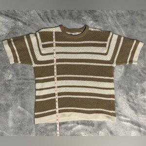ZARA 100% Cotton knit Sweater XL beige/white Boho Short sleeve